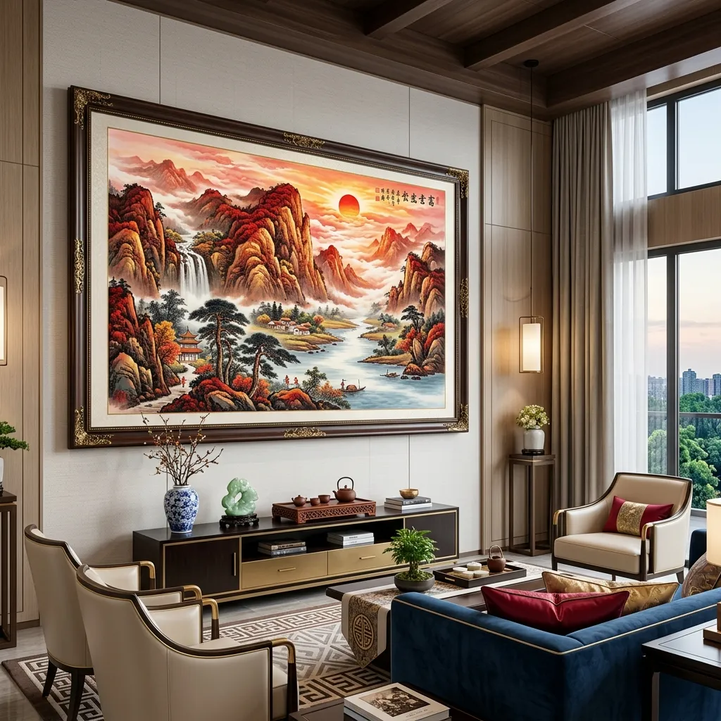 豪宅客厅进门玄关山水画